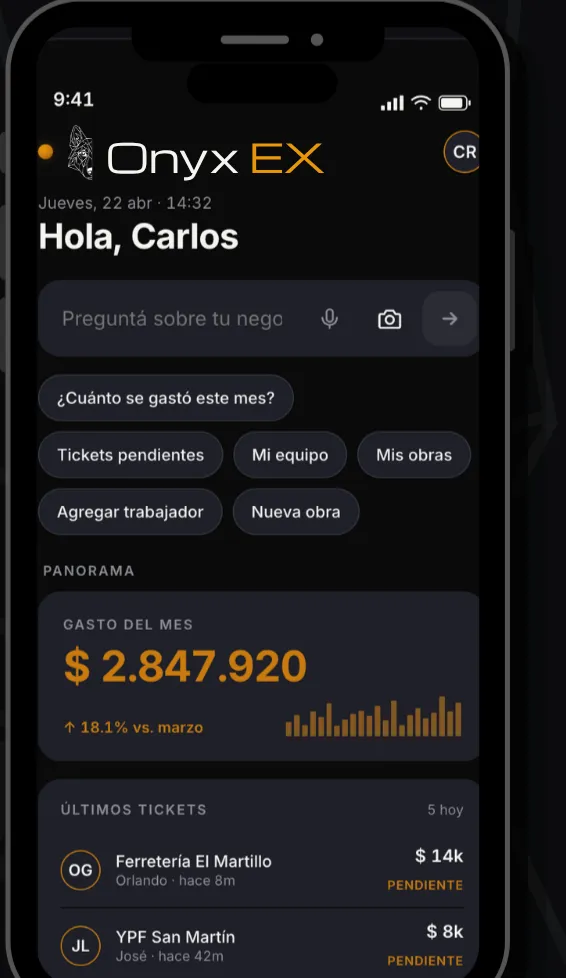 Onyx EX — vista del dueño: gasto del mes en tiempo real