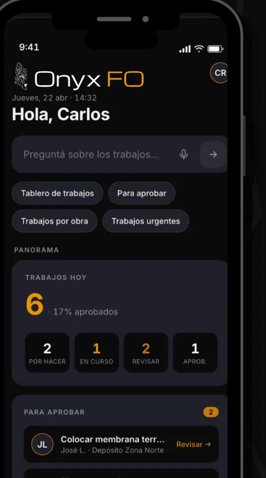 Onyx FO — vista de supervisor: trabajos del día por estado
